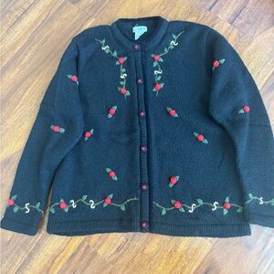 Neckworks Women’s Sweater M – 50% Alpaca – Black W/ Rose Embroidered Cardigan